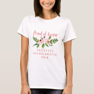 Roze dienstmeisje met eerstemflorale waterverf T-s T-shirt
