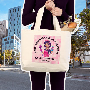 Roze Dienstmeisje Schoonmaakservice Grote Tote Bag