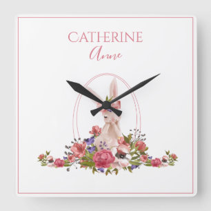 Roze dierlijke Bunny Floral Girly Name Vierkante Klok