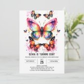 Roze digitale vlinder meisje verjaardag kaart (Staand voorkant)