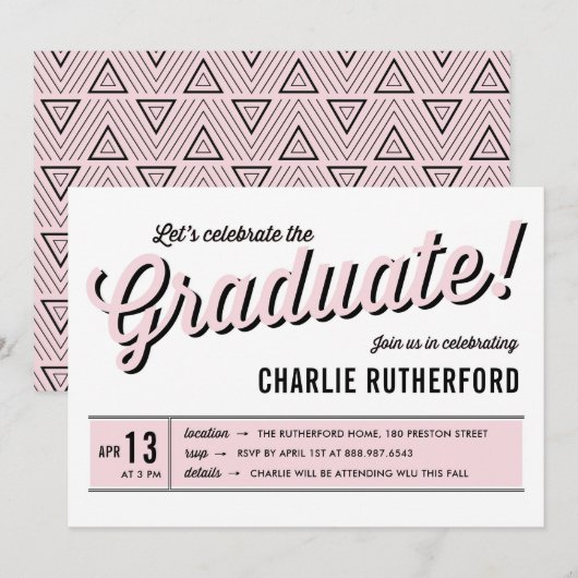 Roze Diner Retro Typografie GraduPartij Kaart (Voorkant / Achterkant)