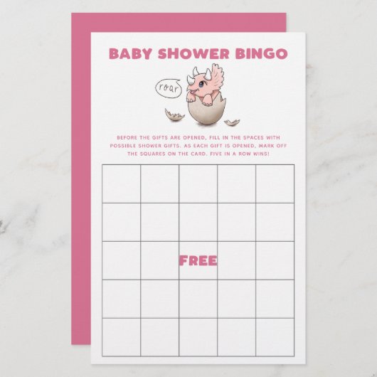 Roze Dinosaur Baby shower Bingo Game (Voorkant / Achterkant)