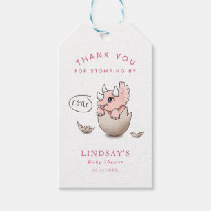 Roze dinosaur Baby shower Dank u dat u door stomt Cadeaulabel