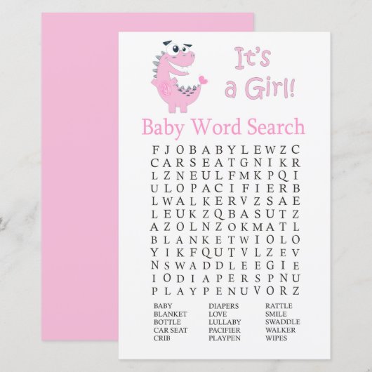 Roze Dinosaur Baby shower Word Search Game (Voorkant / Achterkant)