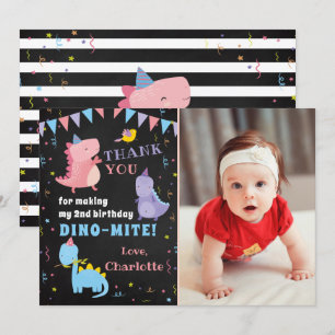 Roze Dinosaur Chalkboard Girls Dino Party Foto Bedankkaart
