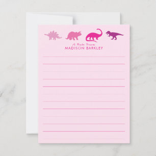 Roze Dinosaur Cute Kind Dino Flat Briefpapier Card Bedankkaart