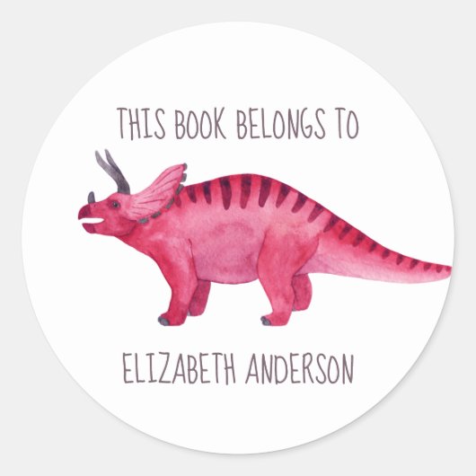 Roze Dinosaur "Dit boek behoort tot" Bladplaat Ronde Sticker (Voorkant)