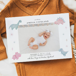 Roze Dinosaur Girl Baby Foto Geboorteaankondiging Aankondiging