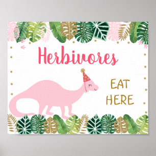 Roze dinosaur Herbivores Birthday Food Table Sign Poster