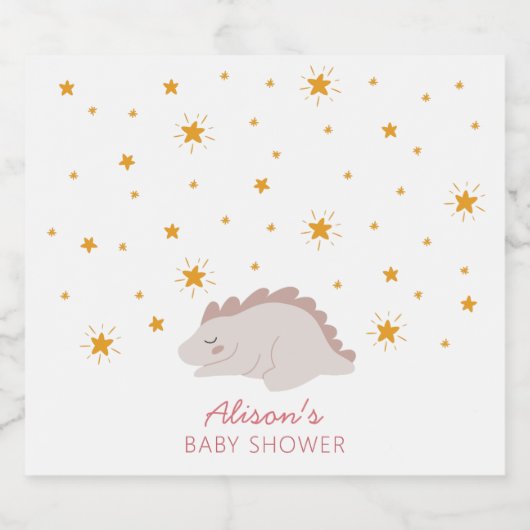 Roze Dinosaur Twinkle Stars Baby Girl Shower Sparkling Wijnetiket (Enkel label)