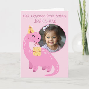 Roze dinosaurus 2e verjaardagskaart kaart