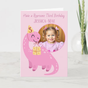 Roze dinosaurus 3e verjaardagskaart kaart
