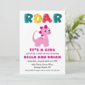 Roze Dinosaurus Baby Shower Uitnodigingen (Staand voorkant)