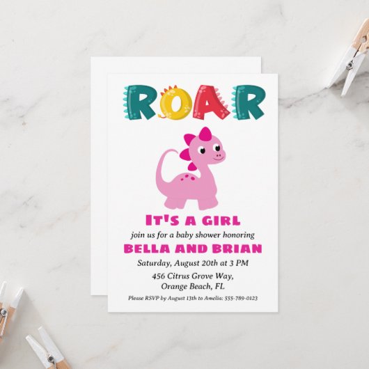 Roze Dinosaurus Baby Shower Uitnodigingen (Voorkant / Achterkant in situ)