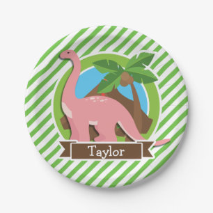 Roze dinosaurus, dino; groene en witte strepen papieren bordje
