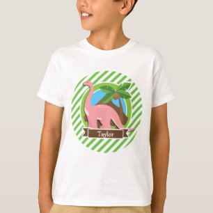 Roze dinosaurus, dino; groene en witte strepen t-shirt