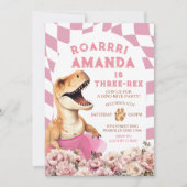 Roze Dinosaurus Drie-rex Bloemen Verjaardag Kaart (Voorkant)