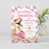 Roze Dinosaurus Drie-rex Bloemen Verjaardag Kaart (Staand voorkant)