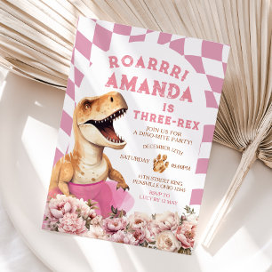 Roze Dinosaurus Drie-rex  Bloemen Verjaardag Kaart
