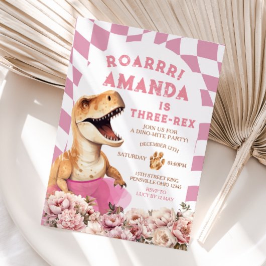 Roze Dinosaurus Drie-rex Bloemen Verjaardag Kaart