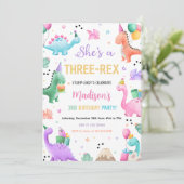 Roze Dinosaurus Drie Rex Meisje Dino Verjaardagsfe Kaart (Staand voorkant)