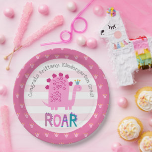 Roze dinosaurus meisje kleuterschool afstudeerfees papieren bordje