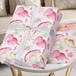 Roze Dinosaurus Meisje Verjaardag Custom Naam Numm Cadeaupapier