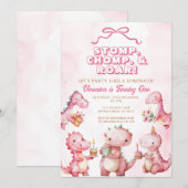 Roze Dinosaurus Stomp Chomp Roar 1e verjaardag Kaart (Voorkant / Achterkant)