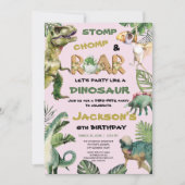 Roze dinosaurus-thema verjaardagsfeestje kaart (Voorkant)