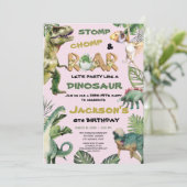 Roze dinosaurus-thema verjaardagsfeestje kaart (Staand voorkant)