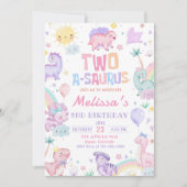 Roze Dinosaurus Twee A-Saurus 2e Verjaardagsfeestj Kaart (Voorkant)
