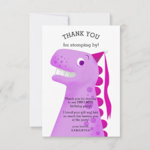 Roze dinosaurus verjaardagsfeestje voor kinderen bedankkaart