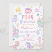 Roze Dinosaurus Vier A-Saurus Verjaardagsfeest Kaart (Voorkant)