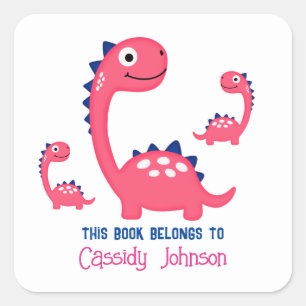 Roze dinosaurusfamilie meisjesnaam ex libris vierkante sticker