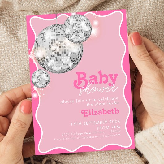Roze Disco Ball Sparkle Baby shower Party Design Kaart
