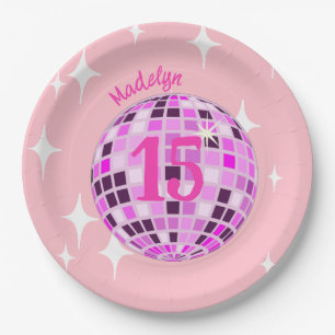 Roze Disco Ball Sweet 15th Birthday Papieren Bordje