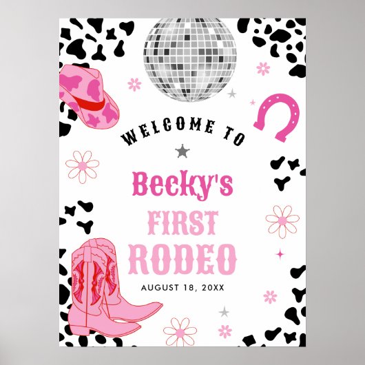 Roze Disco Eerste Rodeo Meisje 1e Verjaardag Welko Poster (Voorkant)