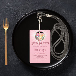 Roze disco feest verjaardagsuitnodiging badge