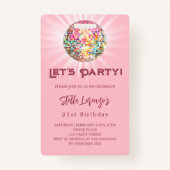 Roze disco feest verjaardagsuitnodiging badge (Voorkant)