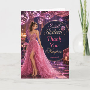 Roze Disco Sweet 16 Prinsessenfeest Bedankkaart