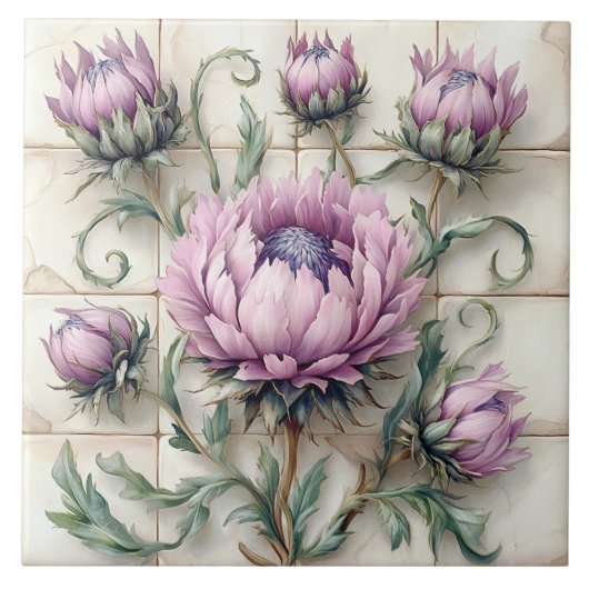 Roze Distelbloemen Keramische Tegels Tegeltje (Voorkant)