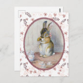 Roze Ditsy Bloemen  Konijnenthee Briefkaart (Voorkant / Achterkant)