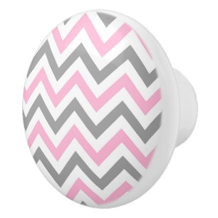 Roze, Dk Grey Wht Large Chevron ZigZag Pattern Keramische Knop
