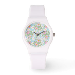 Roze Dogroses op Hemelsblauw Sportief Wit Polshorl Horloge