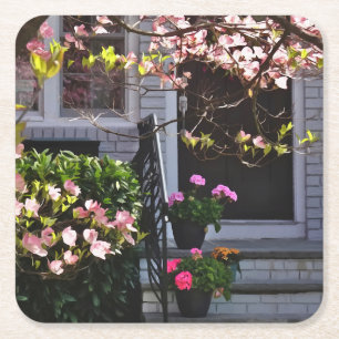 Roze Dogwood en Pots of Geraniums Vierkante Kartonnen Onderzetter