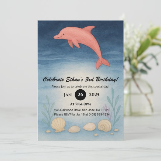 Roze dolfijn en zeebodem schelpen Verjaardag Kaart (Staand voorkant)