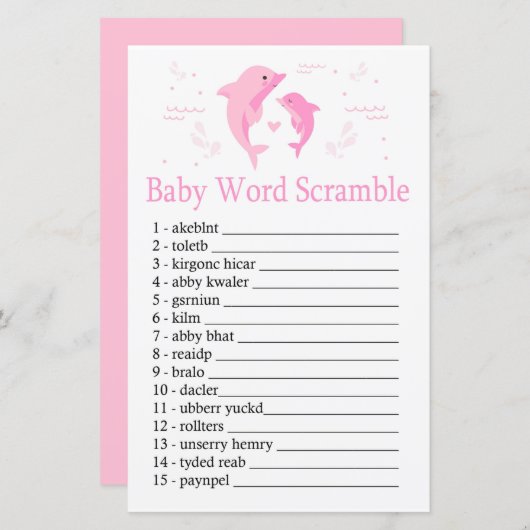 Roze Dolphin Baby word scramble game (Voorkant / Achterkant)