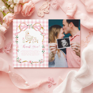 Roze Domme Gans Gingham Bloem Foto Bedankkaart