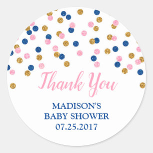 Roze Donkerblauw Goud Stippen Baby shower Favor Ta Ronde Sticker