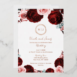 Roze & Donkerrode Bloemrijke Glam Moderne Trouwfot Folie Uitnodiging